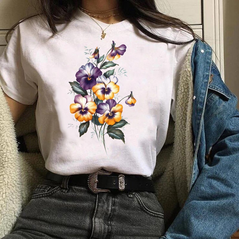 2023 Fashion Flowers Urban Shrimp Crewneck Printed White T-Shirt Short Sleeve Women'S - Image 4