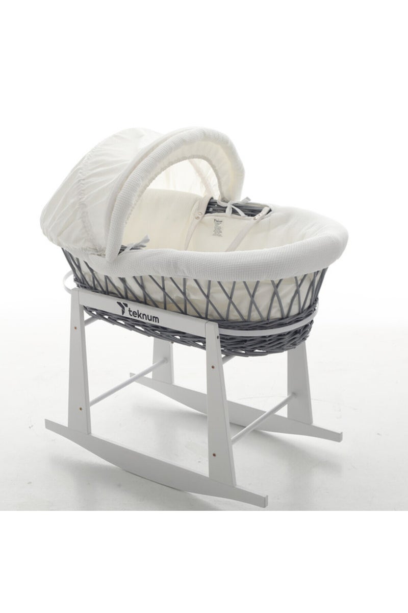 Infant Wicker Moses Basket with White Waffle Beddings & White Rocker Stand - Wooden Grey - Image 3