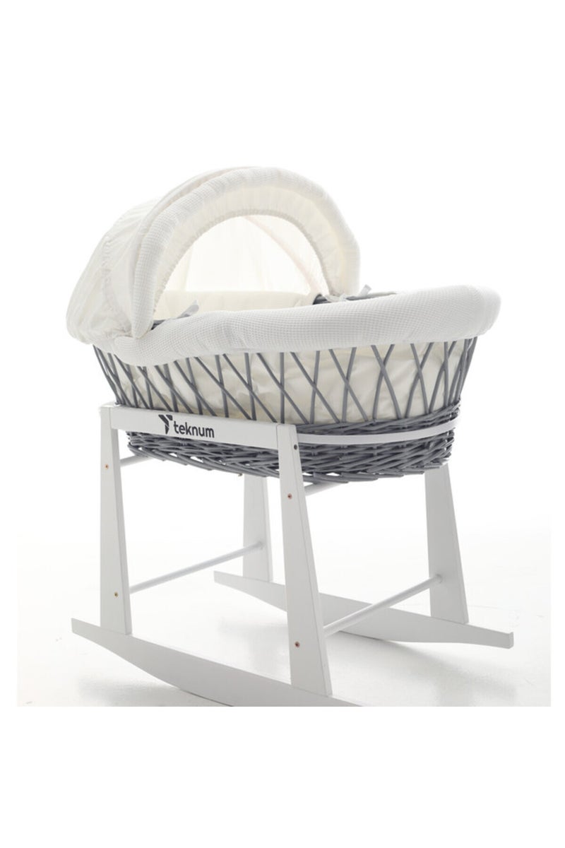 Infant Wicker Moses Basket with White Waffle Beddings & White Rocker Stand - Wooden Grey - Image 2