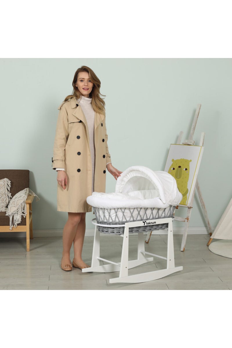 Infant Wicker Moses Basket with White Waffle Beddings & White Rocker Stand - Wooden Grey - Image 4