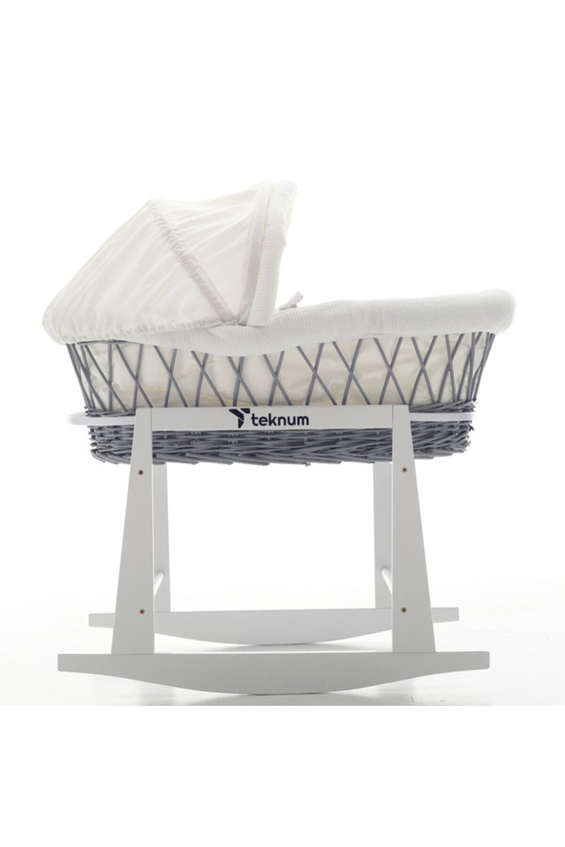 Infant Wicker Moses Basket with White Waffle Beddings & White Rocker Stand - Wooden Grey - Image 1