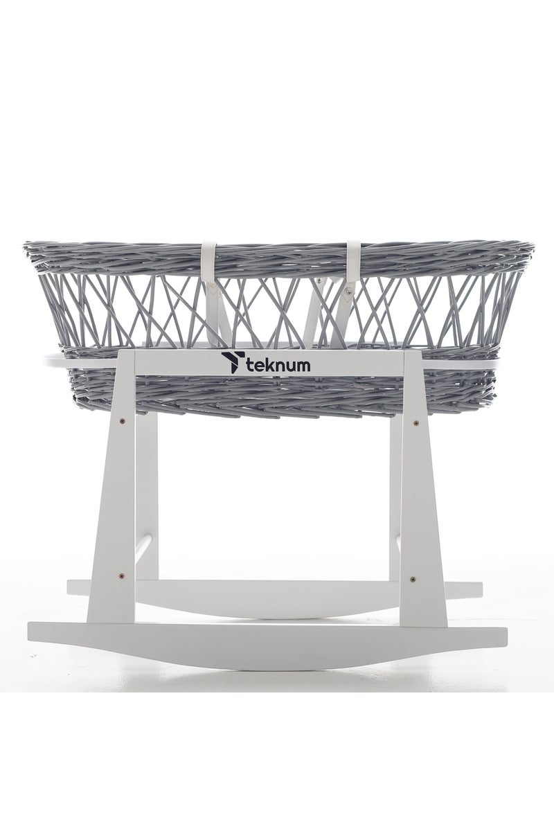 Infant Wicker Moses Basket with White Waffle Beddings & White Rocker Stand - Wooden Grey - Image 5