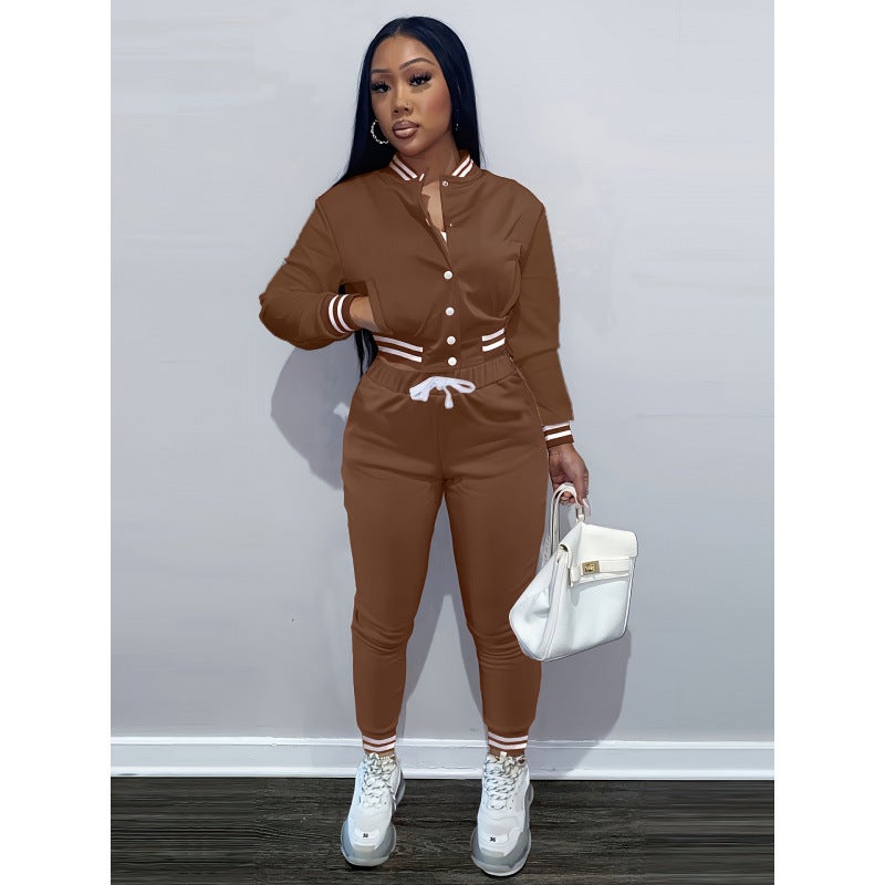 2024 Cross-border Autumn European and American Explosions Womens Solid Color Jacket Single-breasted Baseball suit Womens Clothing Sports Two-piece Set Brown