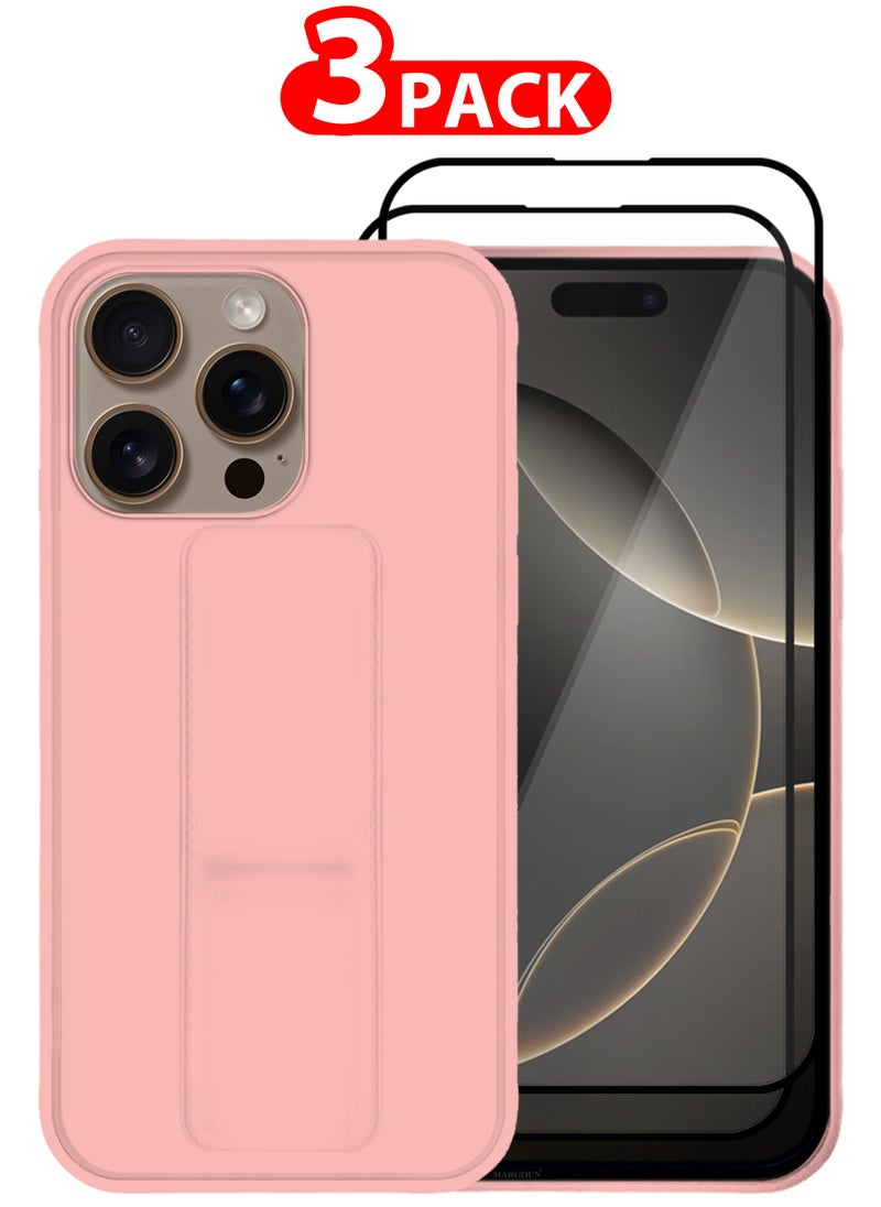 CATANES - (for Apple iPhone 16 Pro Max) 3Packs, Case  PU Leather Back Cover Stand Function Finger Grip Case Cover with Shock Proof Screen Protector / Pink - Image 1