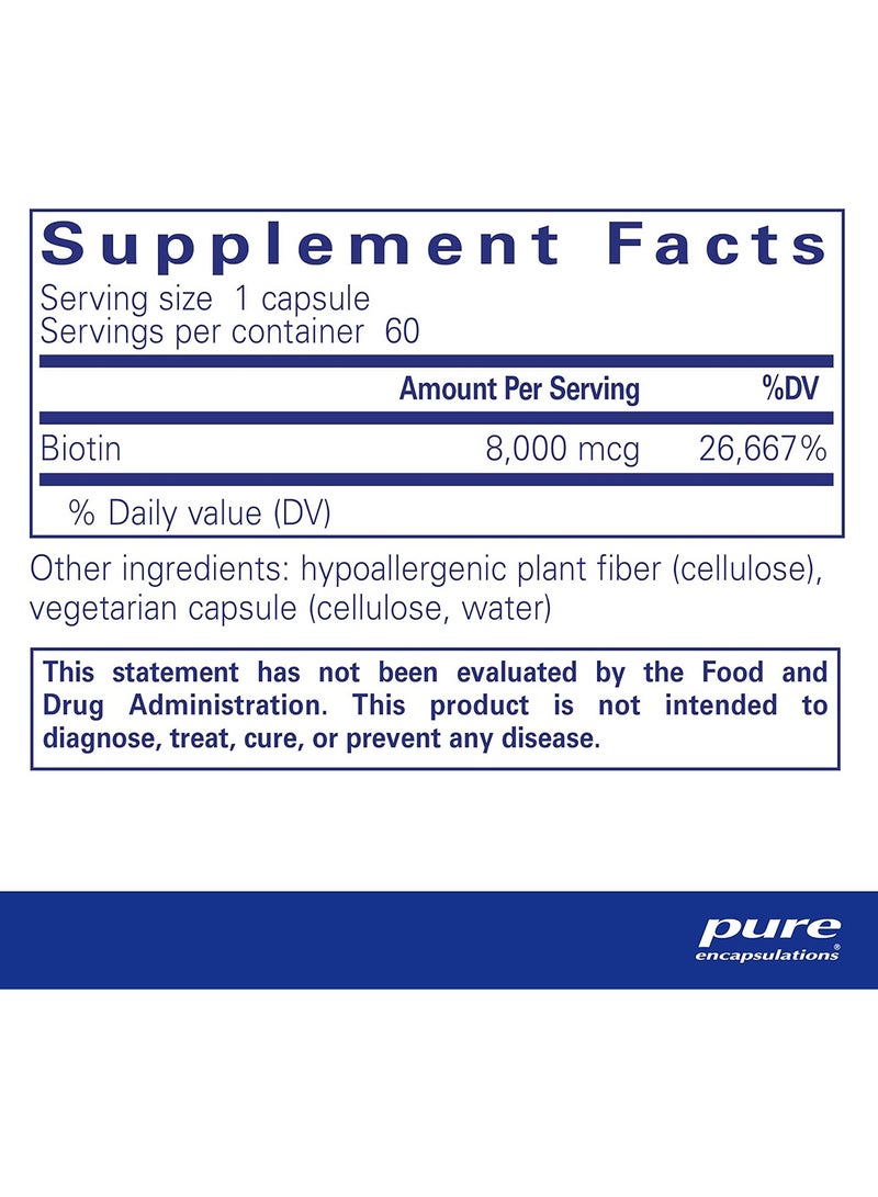 Pure Encapsulations Biotin 8 Mg Hypoallergenic B Vitamin Supplement 60 Capsules - Image 2