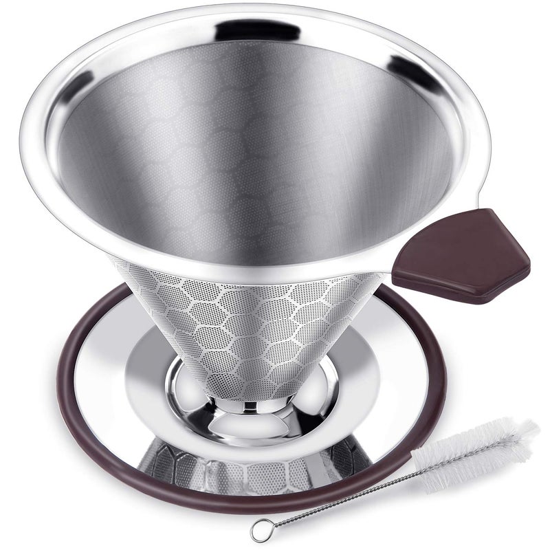 FOXAS Pour Over Coffee Filter Dripper Reusable Stainless Steel Metal Drip Coffee Maker Cone Paperless Permanent Coffee Strainer Coffee Mesh Filters for 14 Cup with Cleaning Brush