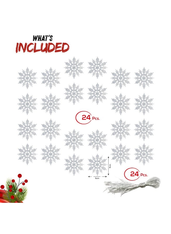شركة ذي بي زي زينة شجرة عيد الميلاد على شكل رقاقات ثلج معلقة - عبوة من 24 زينة بلاستيكية لامعة مع خيط لتزيين عيد الميلاد وحفلات رأس السنة الشتوية (فضية) - Image 2