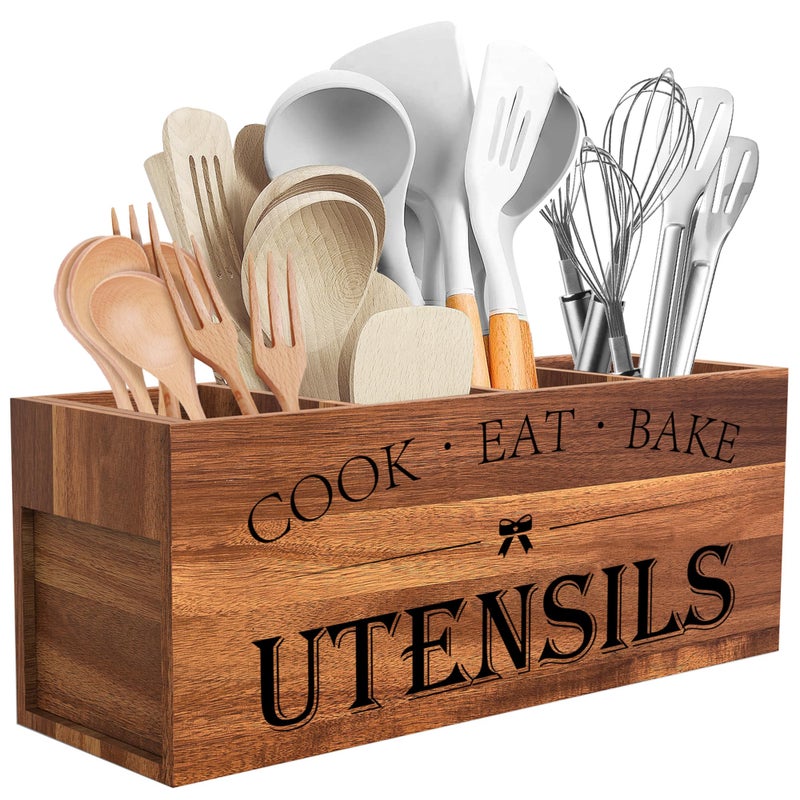 Suli Acacia Wood Utensil Holder for Kitchen Counter,Extra Large Utensils Holder with 4 Compartments,Caddy Organizer for Countertop, Farmhouse Kitchen Decor, Rustic Cooking Utensil - Image 1