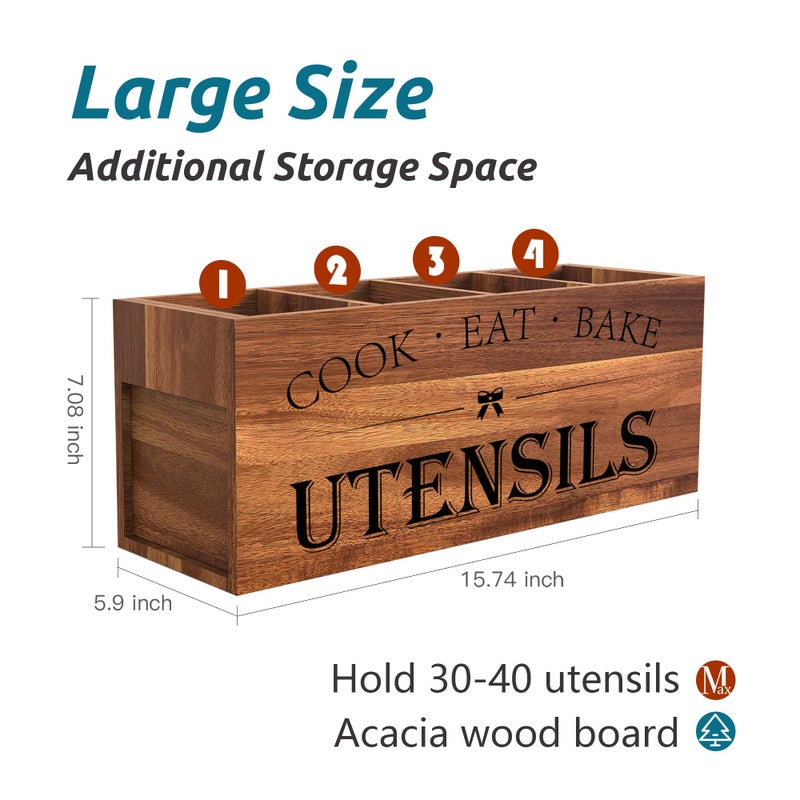 Suli Acacia Wood Utensil Holder for Kitchen Counter,Extra Large Utensils Holder with 4 Compartments,Caddy Organizer for Countertop, Farmhouse Kitchen Decor, Rustic Cooking Utensil - Image 2