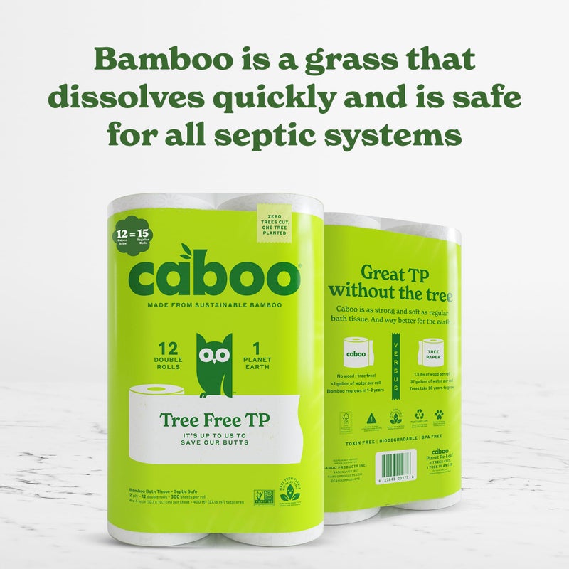 Caboo Tree Free Toilet Paper, Tree Free, Septic, Chemical Free Bath Tissue - 2 Ply Sheets, 300 Sheets Per Roll, 12 Double Rolls - Image 5