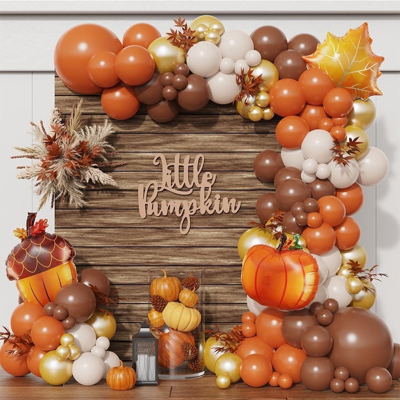 GIHOO Fall Thanksgiving Balloons Garland Arch Kit 145pcs Orange Coffee Brown White Sand Boho Balloons for Autumn Birthday Hello Fall Little Pumpkin Baby Shower Party Decorations - Image 2