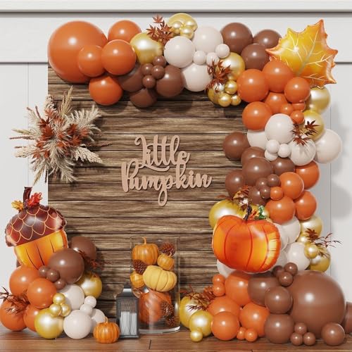 GIHOO Fall Thanksgiving Balloons Garland Arch Kit 145pcs Orange Coffee Brown White Sand Boho Balloons for Autumn Birthday Hello Fall Little Pumpkin Baby Shower Party Decorations - Image 1