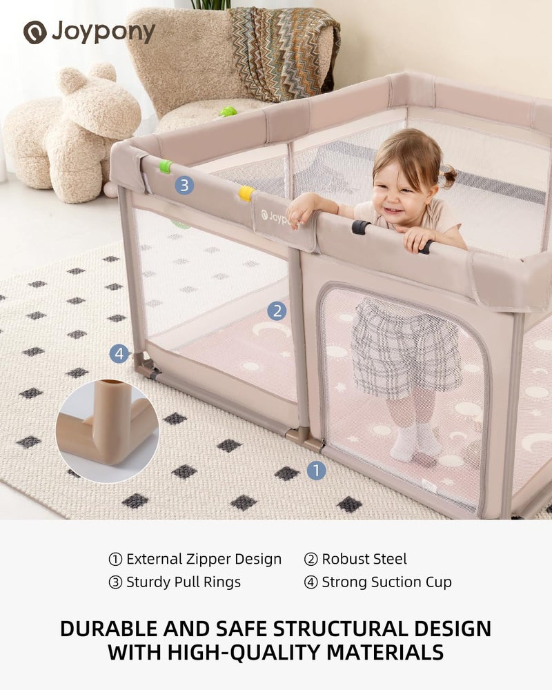 Joypony Baby Playpen with Mat, 50x50 in Small Play Pen for Babies, Toddler Playpen for Apartment, Indoors Play Yard with Soft Breathable Mesh (Beige with Mat) - Image 4