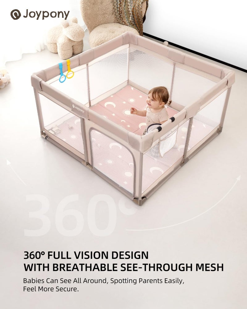 Joypony Baby Playpen with Mat, 50x50 in Small Play Pen for Babies, Toddler Playpen for Apartment, Indoors Play Yard with Soft Breathable Mesh (Beige with Mat) - Image 3