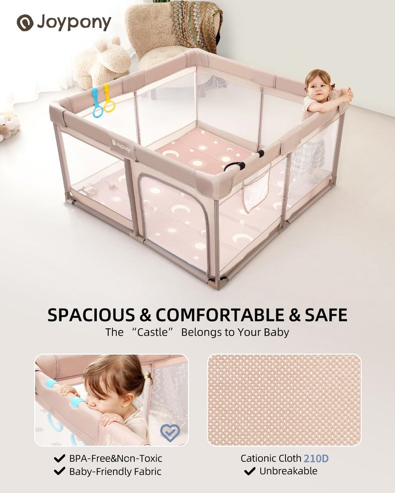 Joypony Baby Playpen with Mat, 50x50 in Small Play Pen for Babies, Toddler Playpen for Apartment, Indoors Play Yard with Soft Breathable Mesh (Beige with Mat) - Image 2