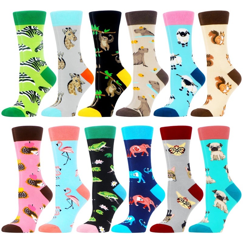 WeciBor Women's Colorful Novelty Pattern Crew Socks, 12 Pack Multicolor Animals, Size 8-12 - Image 1