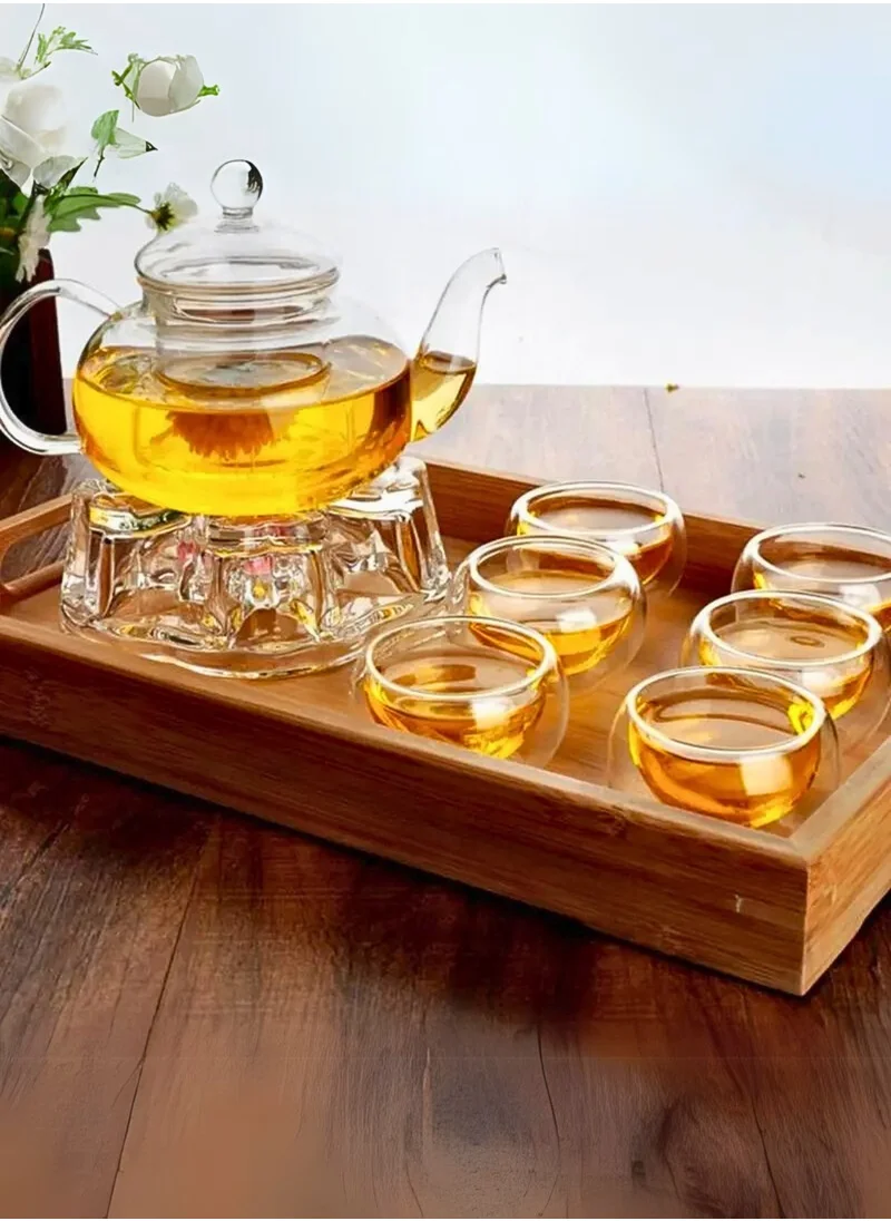 1Chase Glass Teapot Set – 600ML Borosilicate Teapot with Heart-Shaped Tea Warmer & 6 Double Wall Cups (50ML) | Elegant Heat-Resistant Tea Set for Home & Gifting
