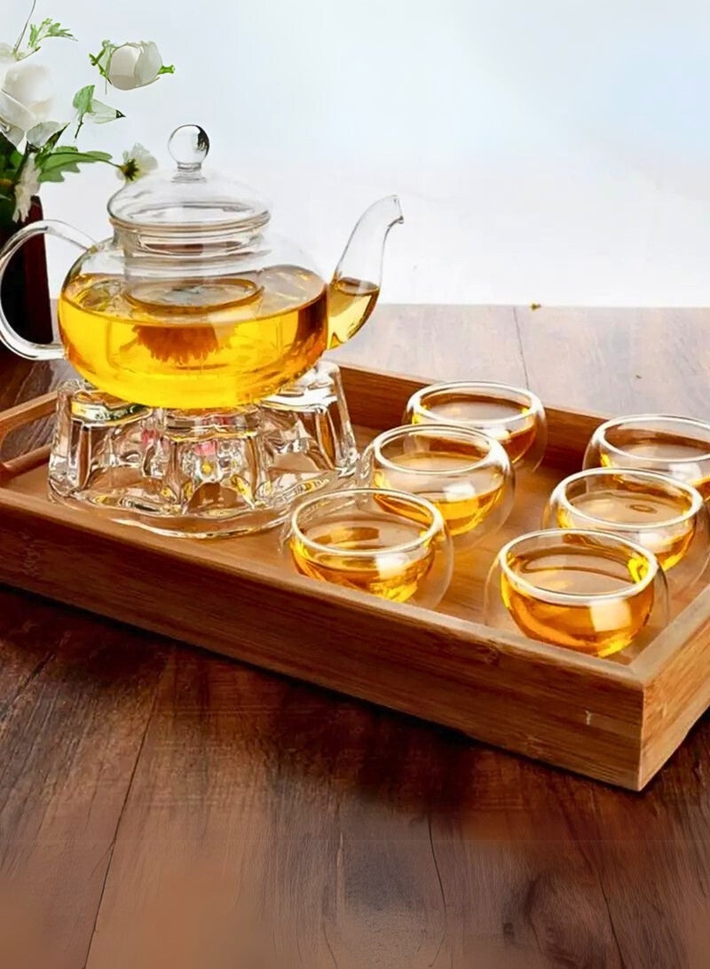 1Chase Glass Teapot Set – 600ML Borosilicate Teapot with Heart-Shaped Tea Warmer & 6 Double Wall Cups (50ML) | Elegant Heat-Resistant Tea Set for Home & Gifting - Image 2