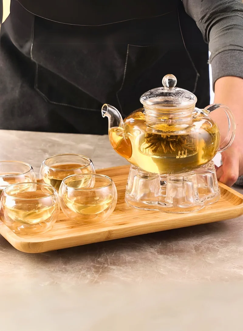 1Chase Glass Teapot Set – 600ML Borosilicate Teapot with Heart-Shaped Tea Warmer & 6 Double Wall Cups (50ML) | Elegant Heat-Resistant Tea Set for Home & Gifting