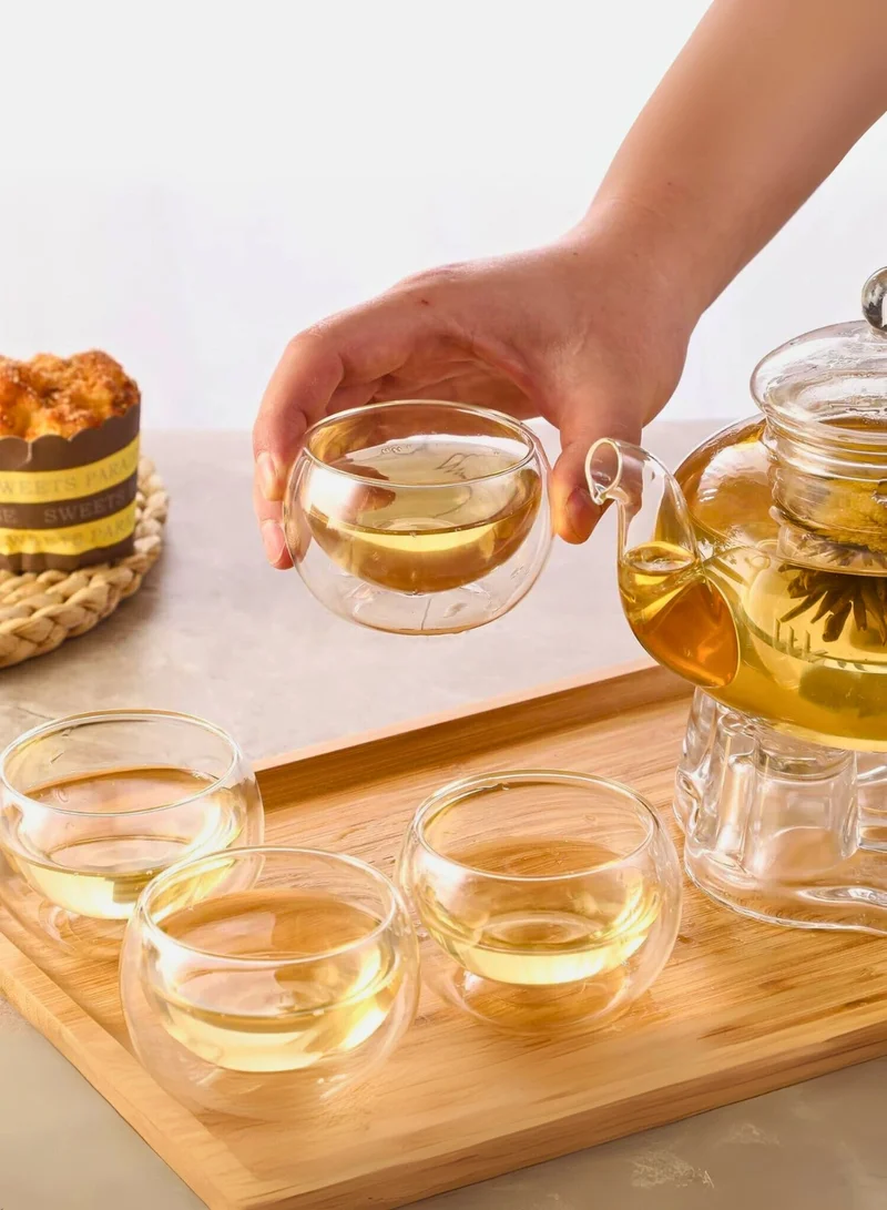 1Chase Glass Teapot Set – 600ML Borosilicate Teapot with Heart-Shaped Tea Warmer & 6 Double Wall Cups (50ML) | Elegant Heat-Resistant Tea Set for Home & Gifting
