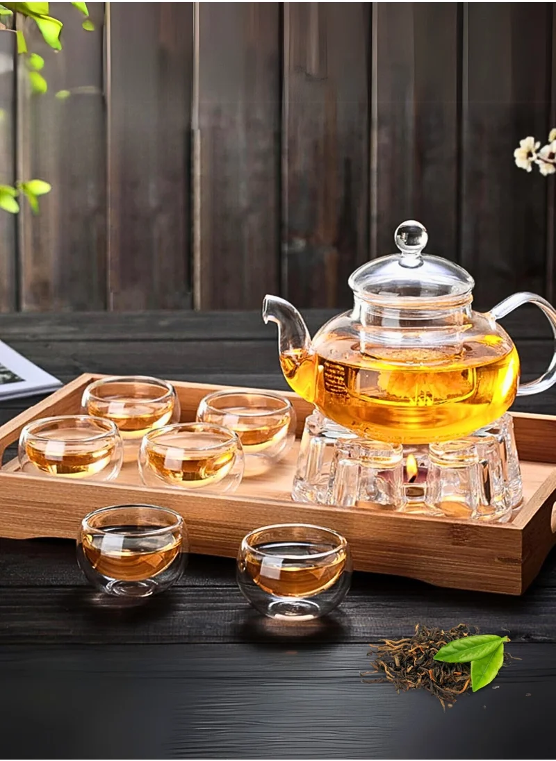 1Chase Glass Teapot Set – 600ML Borosilicate Teapot with Heart-Shaped Tea Warmer & 6 Double Wall Cups (50ML) | Elegant Heat-Resistant Tea Set for Home & Gifting