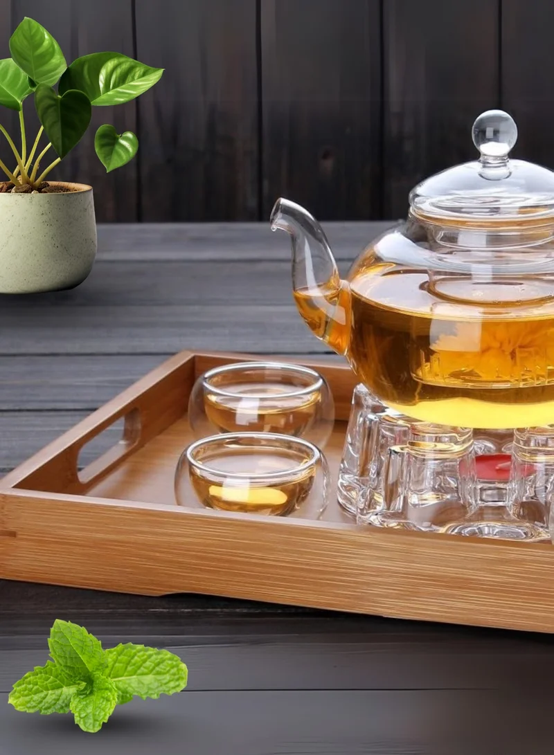 1Chase Glass Teapot Set – 600ML Borosilicate Teapot with Heart-Shaped Tea Warmer & 6 Double Wall Cups (50ML) | Elegant Heat-Resistant Tea Set for Home & Gifting