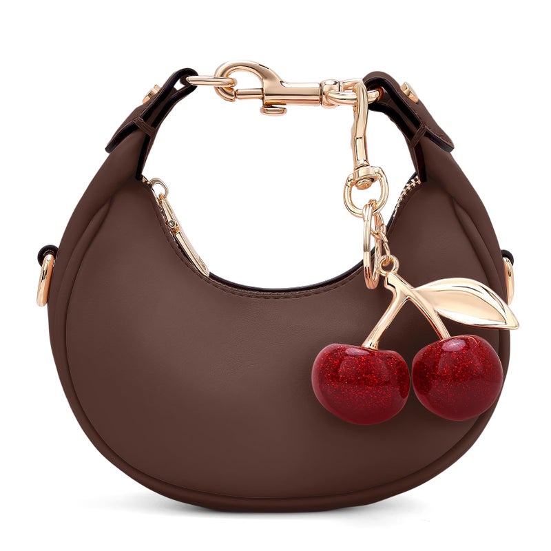 JQWSVE Small Top Handle Bags for Women Mini Purses Cute Ladies Handbags Crescent Mini Crossbody Bags with Cherry (Brown) - Image 1