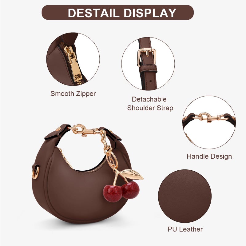 JQWSVE Small Top Handle Bags for Women Mini Purses Cute Ladies Handbags Crescent Mini Crossbody Bags with Cherry (Brown) - Image 4