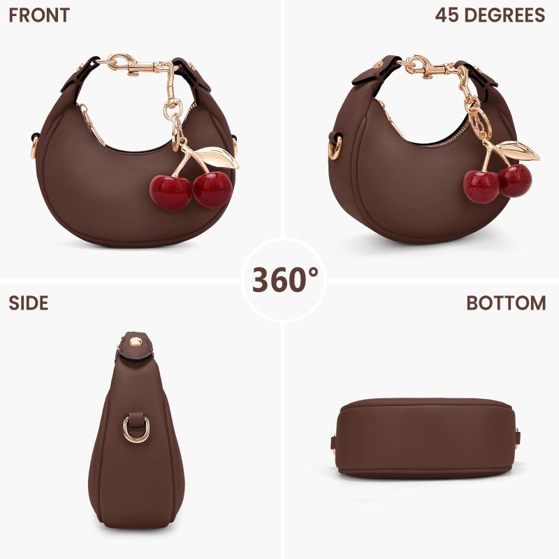 JQWSVE Small Top Handle Bags for Women Mini Purses Cute Ladies Handbags Crescent Mini Crossbody Bags with Cherry (Brown) - Image 3