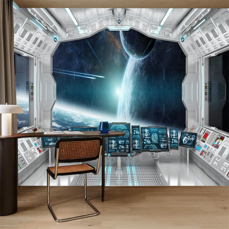 FLFK 3D Spaceship Peel and Stick Wall Murals 118x787Universe Outer Space SelfAdhesive Wallpaper Large Poster Science Explore Station Painting Sticker for Kids Bedroom Decor - Image 2