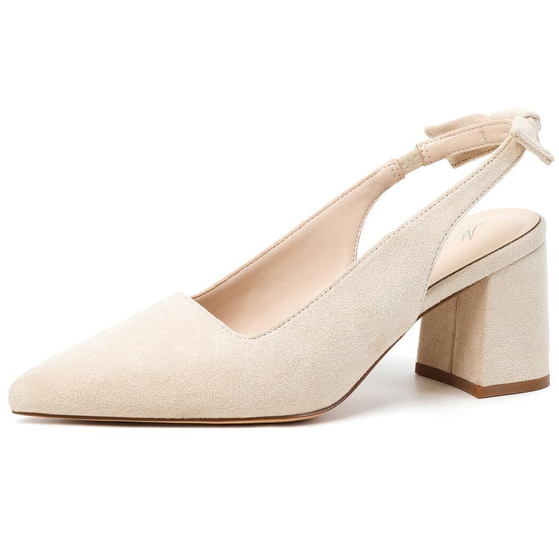 Mostrin Beige Block Slingback Heels for Women Nude Pointed Closed Toe Chunky Heels Bow Women's Pumps for Office Work Business Casual - Image 1