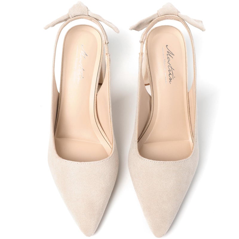Mostrin Beige Block Slingback Heels for Women Nude Pointed Closed Toe Chunky Heels Bow Women's Pumps for Office Work Business Casual - Image 4