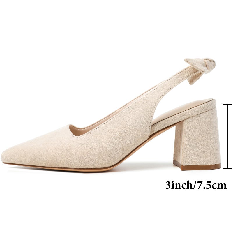 Mostrin Beige Block Slingback Heels for Women Nude Pointed Closed Toe Chunky Heels Bow Women's Pumps for Office Work Business Casual - Image 5