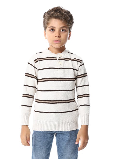Crew Neck Striped Boys Sweater _ Beige & Brown