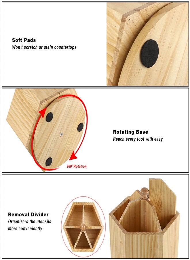 JUXYES Rotating Utensil Holder for Kitchen Countertop, Wood Utensil Organizer with Removable Divider, Rotatable Flatware Caddy Cutlery Holder Silverware Organizer for Kitchen Dining Tables - Image 3