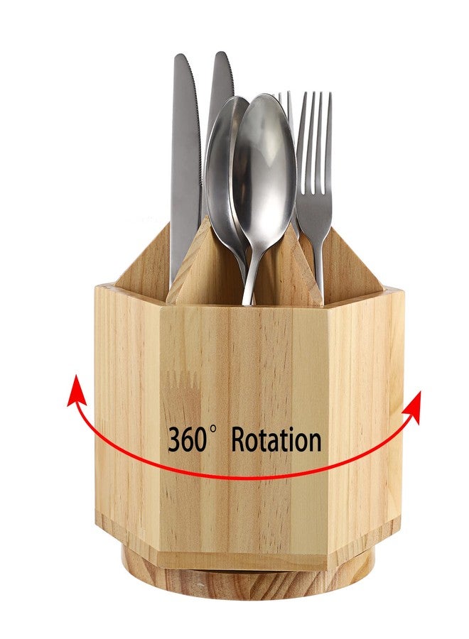 JUXYES Rotating Utensil Holder for Kitchen Countertop, Wood Utensil Organizer with Removable Divider, Rotatable Flatware Caddy Cutlery Holder Silverware Organizer for Kitchen Dining Tables - Image 1