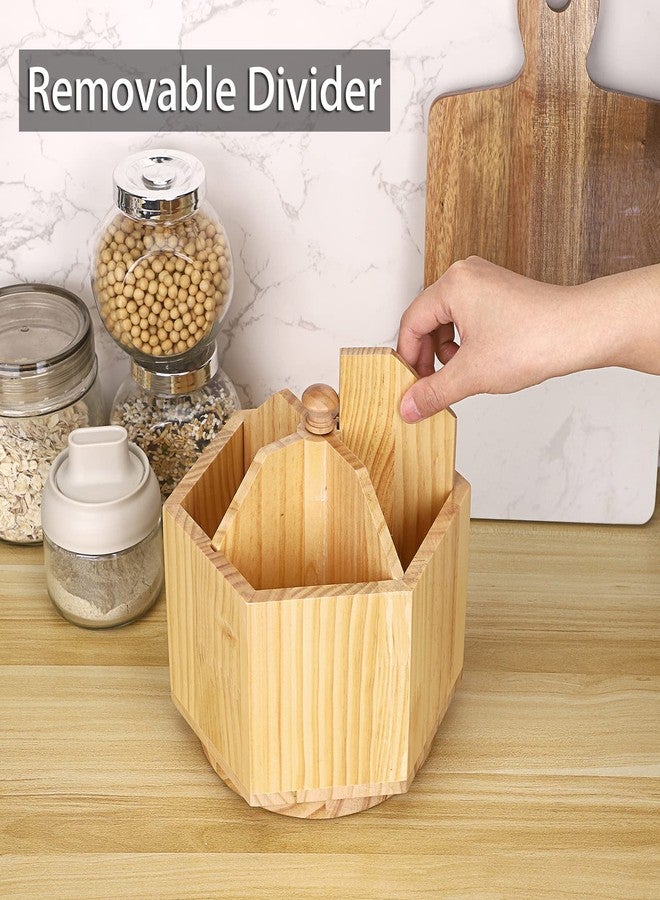 JUXYES Rotating Utensil Holder for Kitchen Countertop, Wood Utensil Organizer with Removable Divider, Rotatable Flatware Caddy Cutlery Holder Silverware Organizer for Kitchen Dining Tables - Image 4