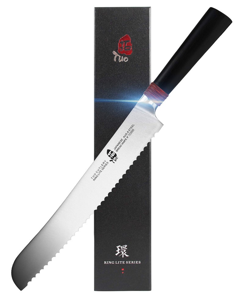 TUO Bread Knife 9 Kitchen Knife Serrated Bread Cutter Razor Sharp Professional Homemade Bread Pizza Cake Slicing Knife AUS8 Stainless Steel with Pakkawood Handle Gift Box Ring Lite Series