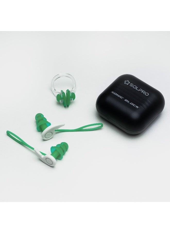 SOLPRO Sonic Block Swimming Ear Plugs and Nose Clip Set (Green) - Image 1