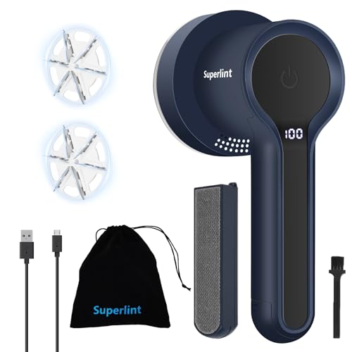 SUPER LINT SUPER LINT Electric Fabric Shaver Sweater Shaver with LED Display 6Leaf Blades Clothes Brush 3Speeds for Removing Fuzz and Pill Form Clothing Couch Furniture Navy Blue