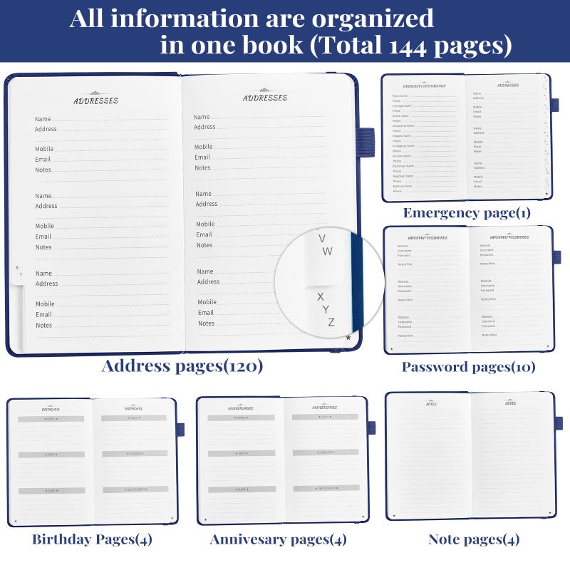 JUBTIC Address book with Alphabetical Tabs, Hardcover Password Keeper and Telephone Book Address Organizer for Contacts, Internet Login Address Log book Journal Notebook for Home or Office-Navy Blue - Image 4