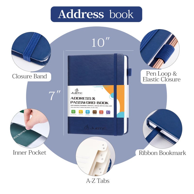 JUBTIC Address book with Alphabetical Tabs, Hardcover Password Keeper and Telephone Book Address Organizer for Contacts, Internet Login Address Log book Journal Notebook for Home or Office-Navy Blue - Image 3