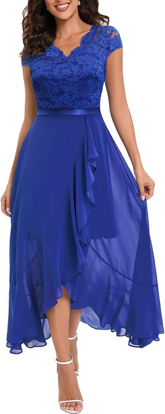 European and American New Foreign Trade Party Dress Bridesmaid Dress Amazon dress V-neck Lace Chiffon Large Swing Long Dress Royal Blue - Image 1