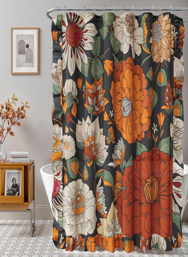 Tyrot Ruffle Black Boho Floral Fabric Shower Curtain Set Colorful Abstract Botanical Shower Curtains for Bathroom Mid Century Modern Home Decor Waterproof Bath Curtain with Hooks, 72x72 - Image 1