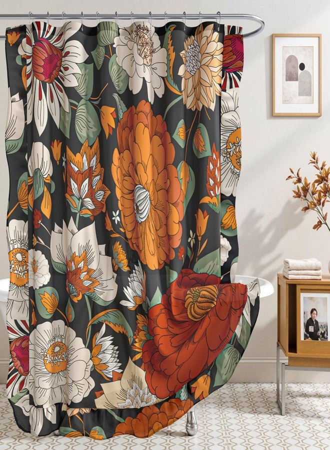 Tyrot Ruffle Black Boho Floral Fabric Shower Curtain Set Colorful Abstract Botanical Shower Curtains for Bathroom Mid Century Modern Home Decor Waterproof Bath Curtain with Hooks, 72x72 - Image 4