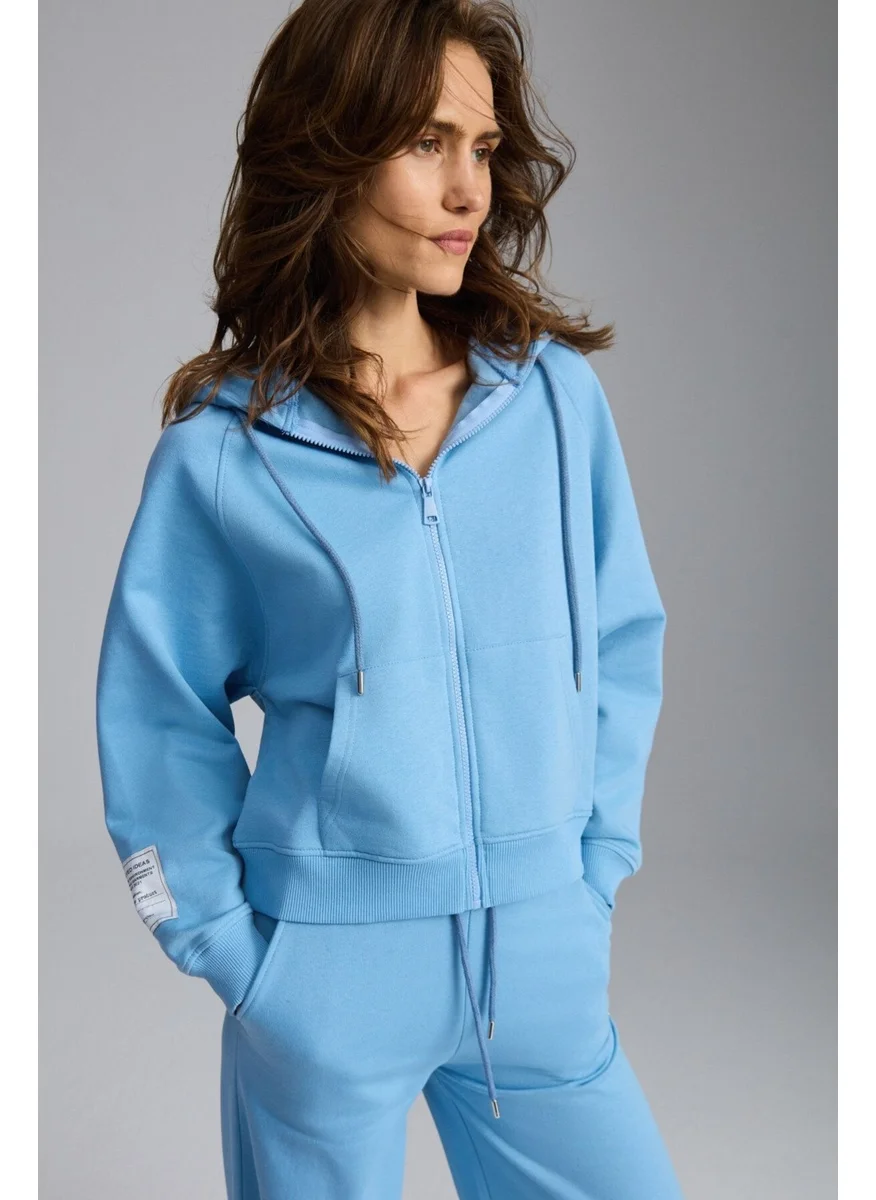 GRIMELANGE Lyka Women's Organic Cotton 3 Thread Ribbed Decorative Label Detailed Regular Blue Sweatshirt