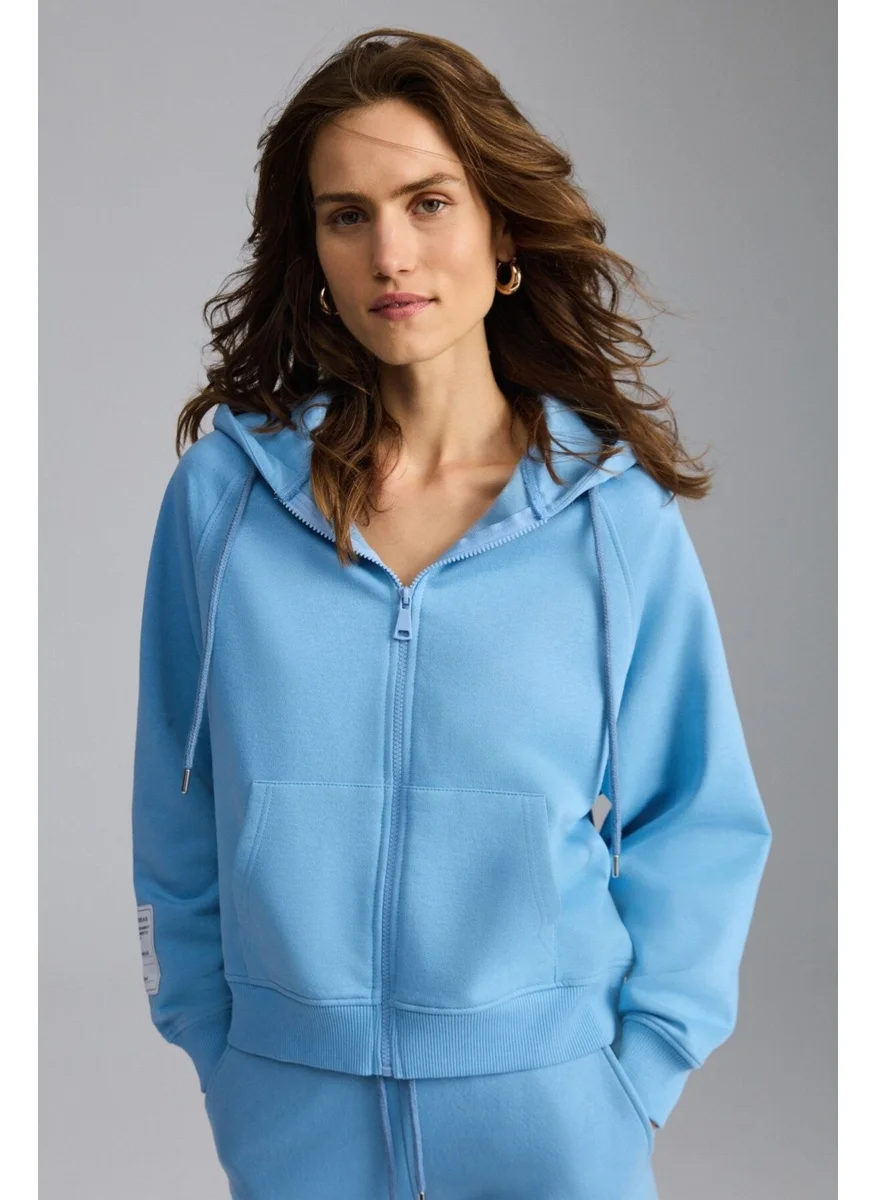 GRIMELANGE Lyka Women's Organic Cotton 3 Thread Ribbed Decorative Label Detailed Regular Blue Sweatshirt