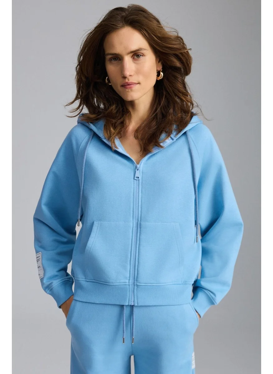 GRIMELANGE Lyka Women's Organic Cotton 3 Thread Ribbed Decorative Label Detailed Regular Blue Sweatshirt