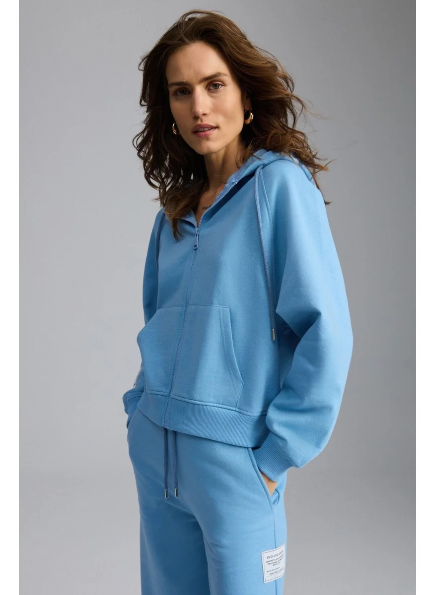 GRIMELANGE Lyka Women's Organic Cotton 3 Thread Ribbed Decorative Label Detailed Regular Blue Sweatshirt