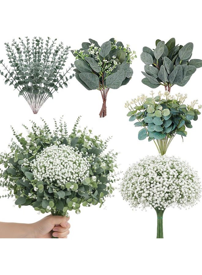 WONICE 240 Pcs 5 Mixed Eucalyptus Greenery Stems Artificial Baby Breath Flowers Bulk Eucalyptus Leaves Bundle Faux for DIY Wedding Decoration Bouquets Home Arrangement Floral Vase Decor - Image 1